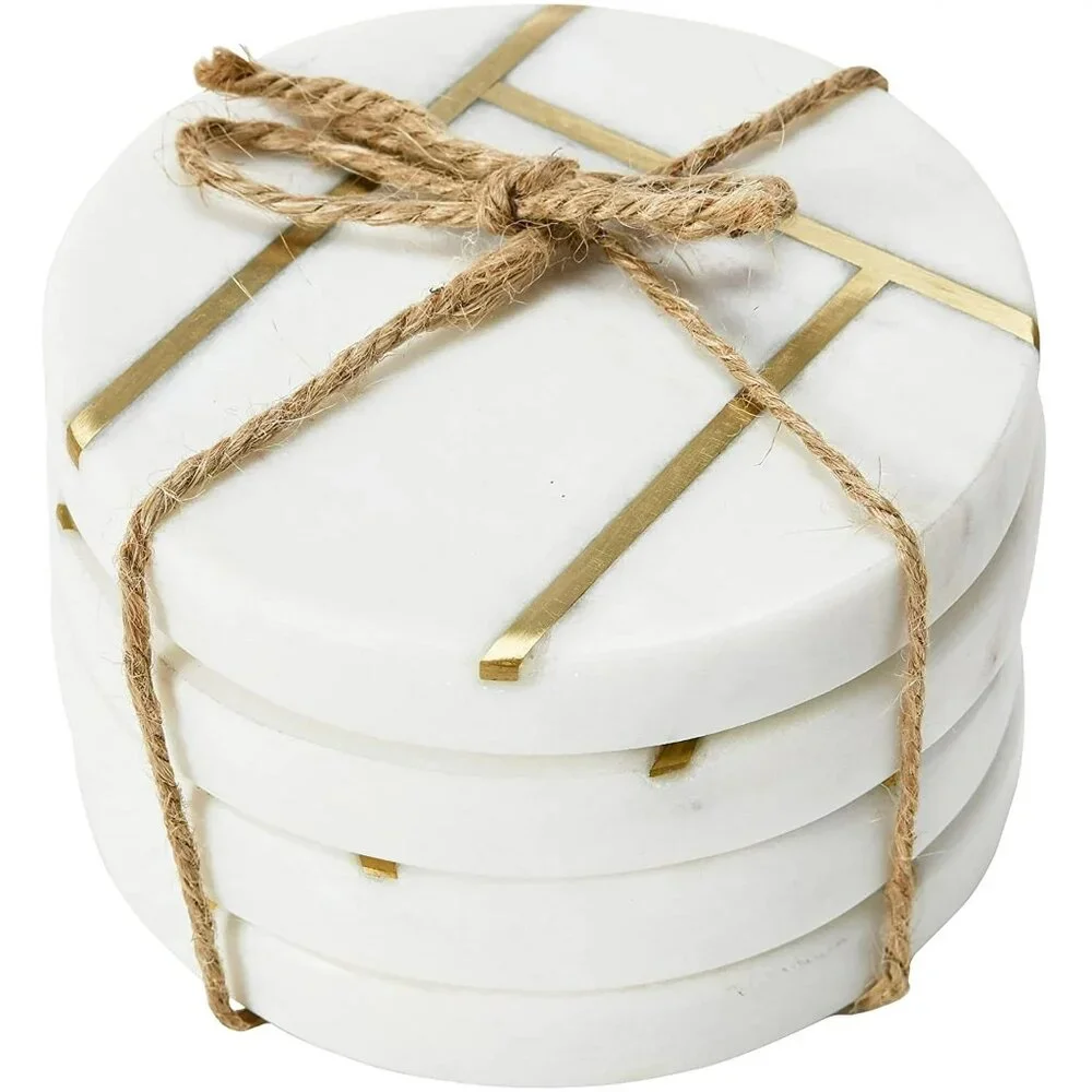 Creative Co-Op Round Marble Coasters with Brass Inlay, White, Set of 4/NWT